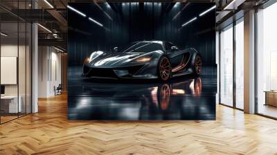 Generic and unbranded modern sport car on a dark background, generative ai illustration Wall mural