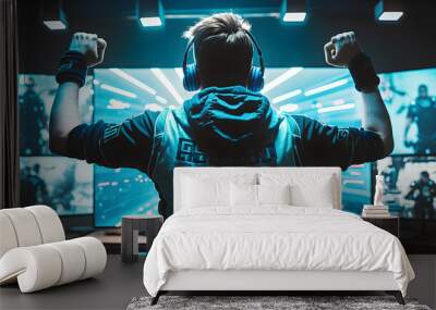 Professional eSports gamer rejoices in the victory. Illustration ai generative Wall mural