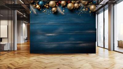 Winter wonderland in colorful ornaments on a dark blue wood plank Wall mural