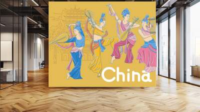 female dancing Chinese traditional dance, with buildings in the background, Vector illustration Wall mural