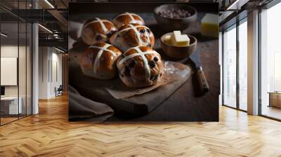 freshly baked hot cross buns and butter generative ai  Wall mural