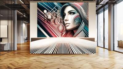 A futuristic art installation featuring a large mural of a woman's face with intricate patterns and lines, set in a modern room with striped walls and floor. Wall mural