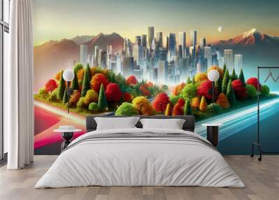 A futuristic cityscape rises above a vibrant park of colourful autumn trees, surrounded by glowing neon lines, blending nature and technology. Snowy mountains in the background under a soft sunrise. Wall mural