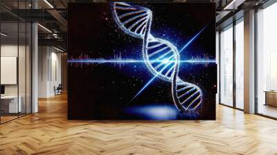 A glowing DNA double helix intertwined with sound waves, symbolizing CRISPR gene editing and futuristic bioengineering. Wall mural