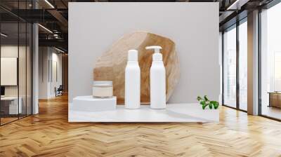 Cosmetic product mockup on wooden textured background and white marble stand. Presentation of products on a podium, plants nearby Wall mural