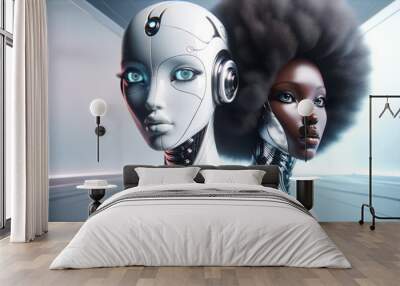 Two futuristic female robots, one with a sleek white design and blue eyes, the other with a darker metallic finish and natural hair texture, showcasing advanced robotics and diverse aesthetics. Wall mural