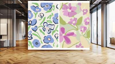 Vector pastel color flower illustration seamless repeat pattern 2 design set Wall mural