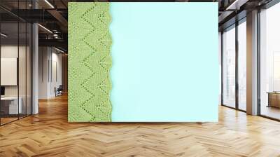 Knitted pattern from acrylic yarn on green background. Needlework concept. Banner, copy space. Wall mural