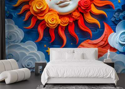 Smiling sun with floral motifs and sky, clouds and waves in bas-relief. Wall mural