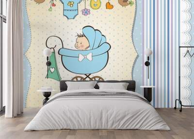 baby boy announcement card with baby and pram Wall mural