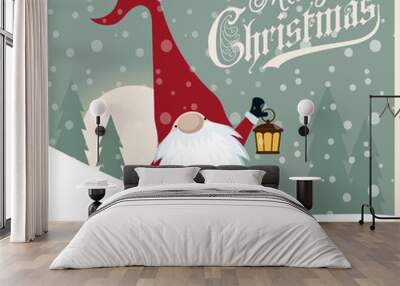 Beautiful retro Christmas card with gnome Wall mural