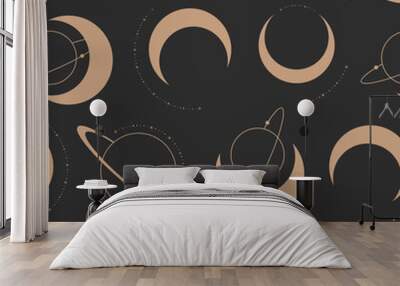 Celestial pattern repeat with moon and planet illustrations in dark background. Vector illustration surface design for yoga, spiritual, coaches, tarot and universe lovers. Wall mural