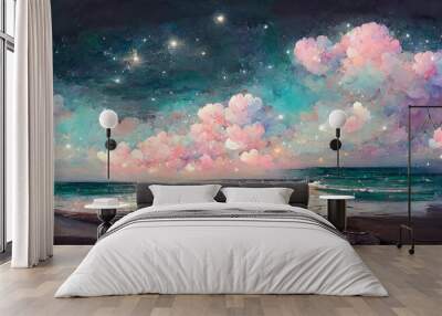 ai midjourney generated illustration of an abstract fantasy seascape in the night with fluffy pink clouds and bright stars Wall mural