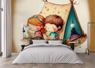 ai midjourney illustration of a cartoon with a boy and a girl reading and sitting in front of their tent Wall mural