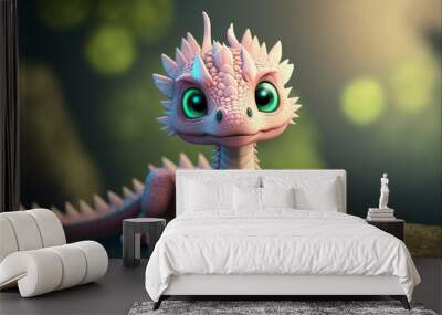 ai midjourney illustration of a cute rose colored baby dragon looking Wall mural