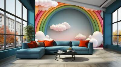 generative ai illustration, abstract 3d rainbow with clouds and colorful balloons Wall mural