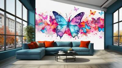 generative ai illustration of a white background with butterflies in watercolor style Wall mural