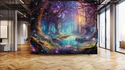 illustration of a fairy forest in purple color Wall mural