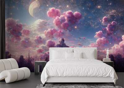 illustration of an abstract fantasy landscape in pink with moon and stars Wall mural