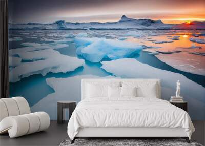 illustration of Antarctic icebergs and ice floes, during sunset Wall mural