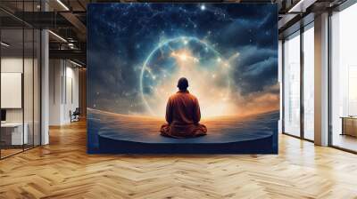 man in meditation in front of a galactic sky, midjourney ai Wall mural