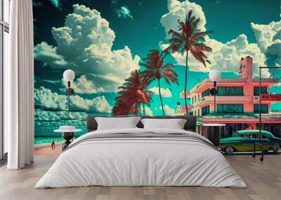 midjourney generated illustration by ai, miami beach scene in pastel colors Wall mural