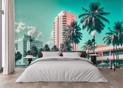 midjourney generated illustration by ai, miami beach scene in pastel colors Wall mural