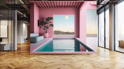 pool in modern pink room with view to a landscape, ai midjourney generated illustration Wall mural