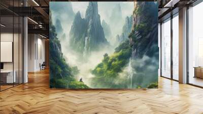 vertical illustration of a foggy landscape with overgrown mountains, generative ai Wall mural