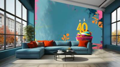 Birthday cupcake with number forty candle Wall mural