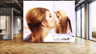 kissing a cute kitten the perfect gift Wall mural