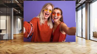 Studio lifestyle portrait of two best friends hipster girls wearing stylish bright orange outfits, dresses and sweater,sunglasses.Two beautiful young women in casual clothes in studio. Wall mural