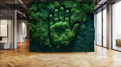 A handprint transforming into a lush green forest, symbolizing the power of individual actions to make a positive impact on the environment..stock photo Wall mural