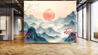 a japanese template with a cherry blossom flower and a hand drawn wave decoration modern a mountain forest background is paired with an abstract art banner in a vintage style Wall mural