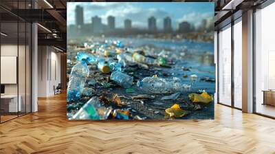 A landscape photo of a barren wasteland covered in plastic trash, representing the devastating consequences of excessive waste generation and improper disposal practices..stock photo Wall mural