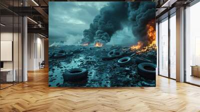 A photo of a pile of burning tires releasing thick black smoke into the air, illustrating the problem of air pollution caused by improper waste incineration..illustration graphic Wall mural