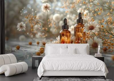 amber glass cosmetic bottles,dry flowers on marble background set of natural organic spa beauty products Wall mural