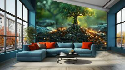 an illustration of tree growth in a digital futuristic polygonal style an energy source or artificial intelligence source modern illustration Wall mural