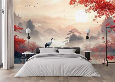 art landscape banner design with crane birds banner decoration chinese cloud bonsai ginko leaves in asia style Wall mural