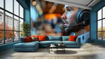 call center closeup and man consulting for faq crm or about us in office with customer support or help telemarketing microphone.image illustration Wall mural