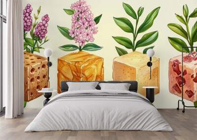 cartoon cane sugar cubes of brown sugar and sugarcane raw plant Wall mural