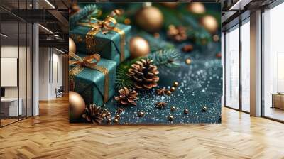 dark green christmas background,gift box baubles star snowflakes happy new year banner merry christmas greeting card template Wall mural