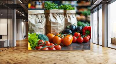 grocery customer courier delivery man or hands exchange retail sales product food shopping or vegetables containe.stock image Wall mural