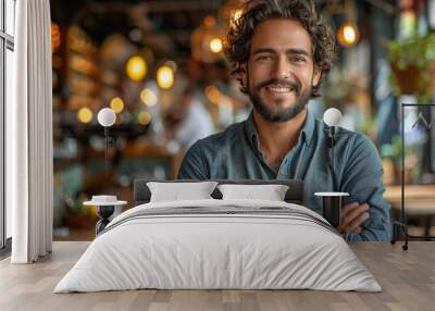 happy man portrait and laptop in cafe of remote work planning freelance research or restaurant guy smile in coffee shop on computer technology internet stock photo Wall mural