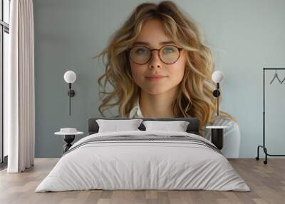 happy millennial business woman in glasses posing with hands folded isolated on white looking at camera smiling confident female customer young student girl professional head shot portraitillustration Wall mural