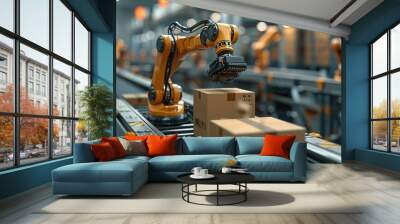 industrial robot arm grabbing the cardboard box on roller conveyor rack with storage warehouse background stock image Wall mural