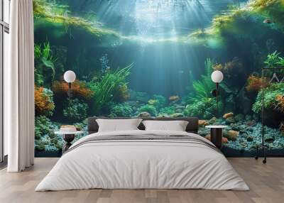 marine aquarium bottom with seaweed algae stone fish ocean fauna panorama seafloor under water Wall mural