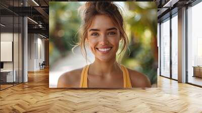 portrait happy woman or thumbs up for fitness nature or healthy running workout exercise with smile girl athlete runner smiling showing thumbsup for training wellness .image illustration Wall mural