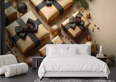 premium christmas gift boxes,luxury gold,black baubles on beige background flat lay top view Wall mural