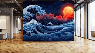 seamless japanese wave pattern with wood cut style blue pattern with ocean texture Wall mural